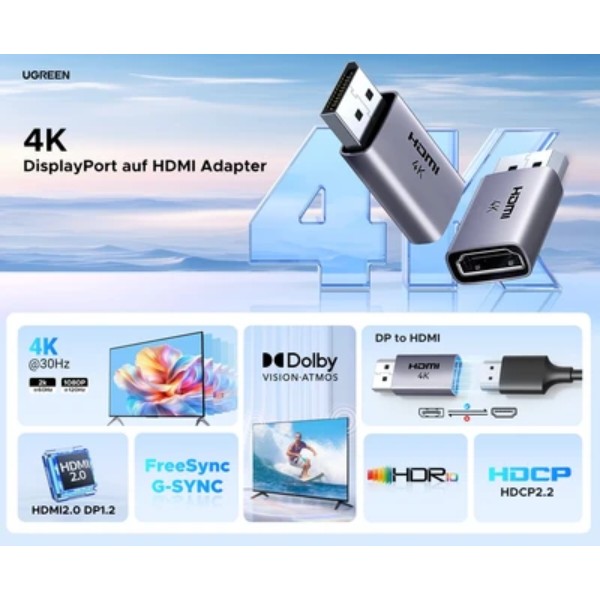 Фото - Переходник Mini Display Port-HDMI UGREEN DP130 DisplayPort to HDMI 4K Gray (55935)